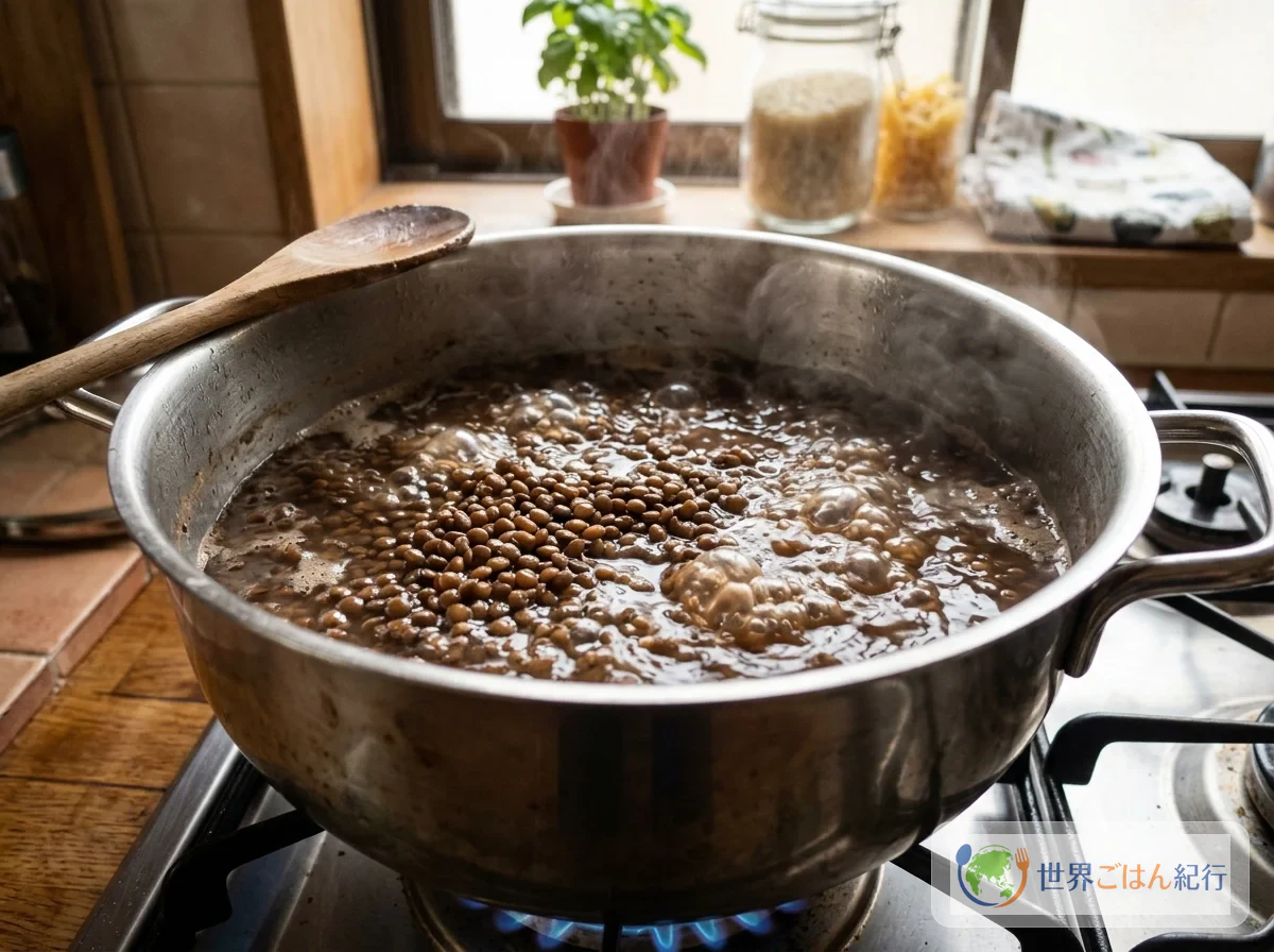 手順1: レンズ豆と米を炊く(20分)