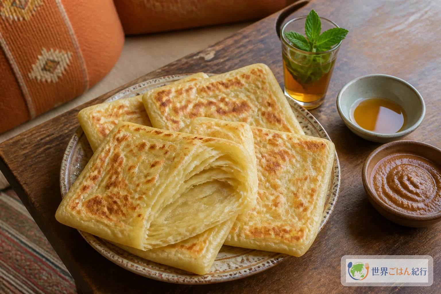 モロッコのムセメンを皿に重ね、手で開いた層と蜂蜜、ミントティーを添えた朝食卓