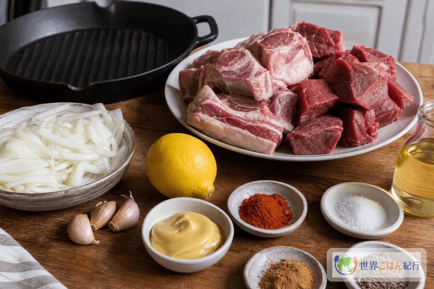 ディビに使う羊肉、牛肉、玉ねぎ、レモン、マスタード、スパイス、グリルパン