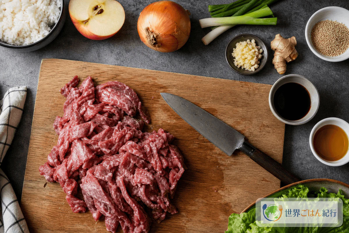 薄切り牛肉、梨、玉ねぎ、にんにく、しょうゆ、ごま油を並べたブルゴギの材料