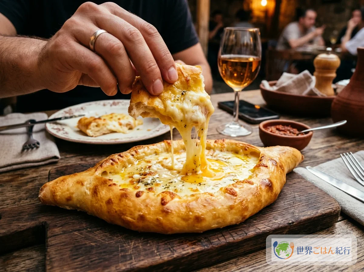 ハチャプリを切り分ける食卓。ジョージア料理の日は調味塩があると副菜が作りやすい