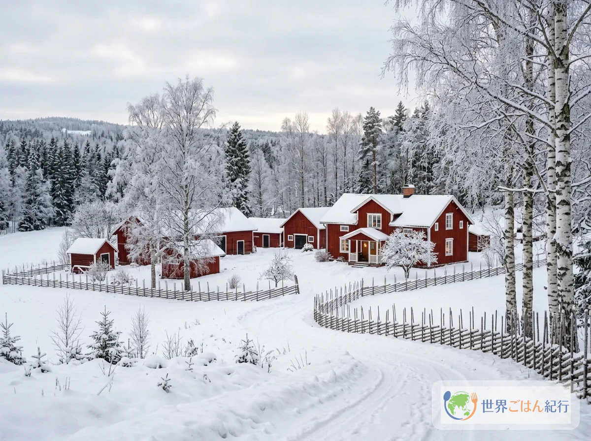 スウェーデンの冬の田園風景。雪に覆われた赤い木造家屋