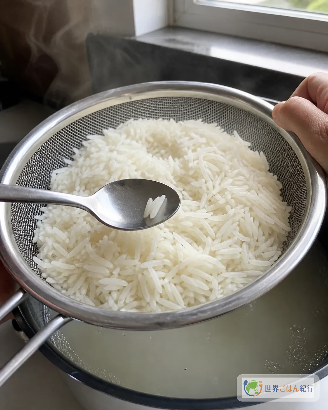 手順3: 米を半茹でにして湯を切る（8分）