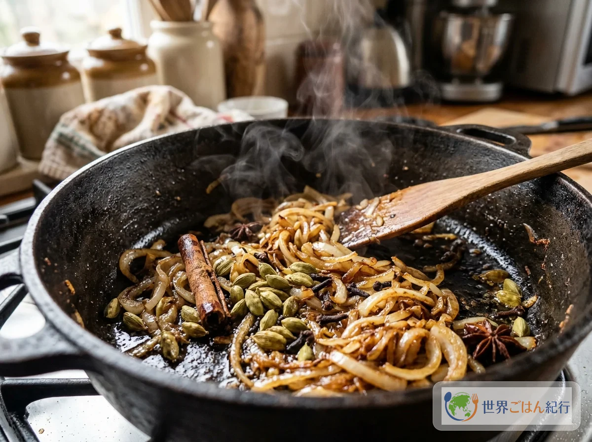 手順3: 玉ねぎとスパイスを炒める(10分)