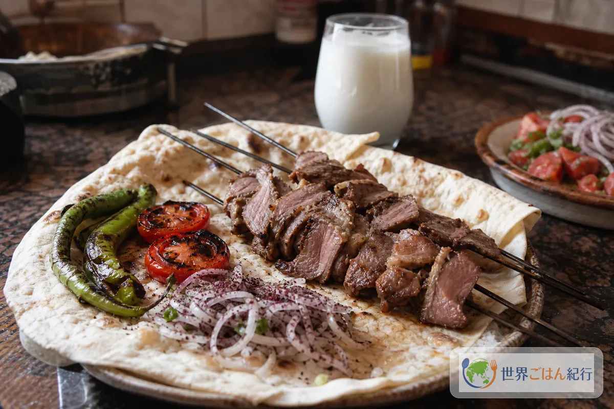 ラヴァシュの上に焼いた羊肉、スマック玉ねぎ、焼き唐辛子をのせたトルコ東部のジャーケバブ