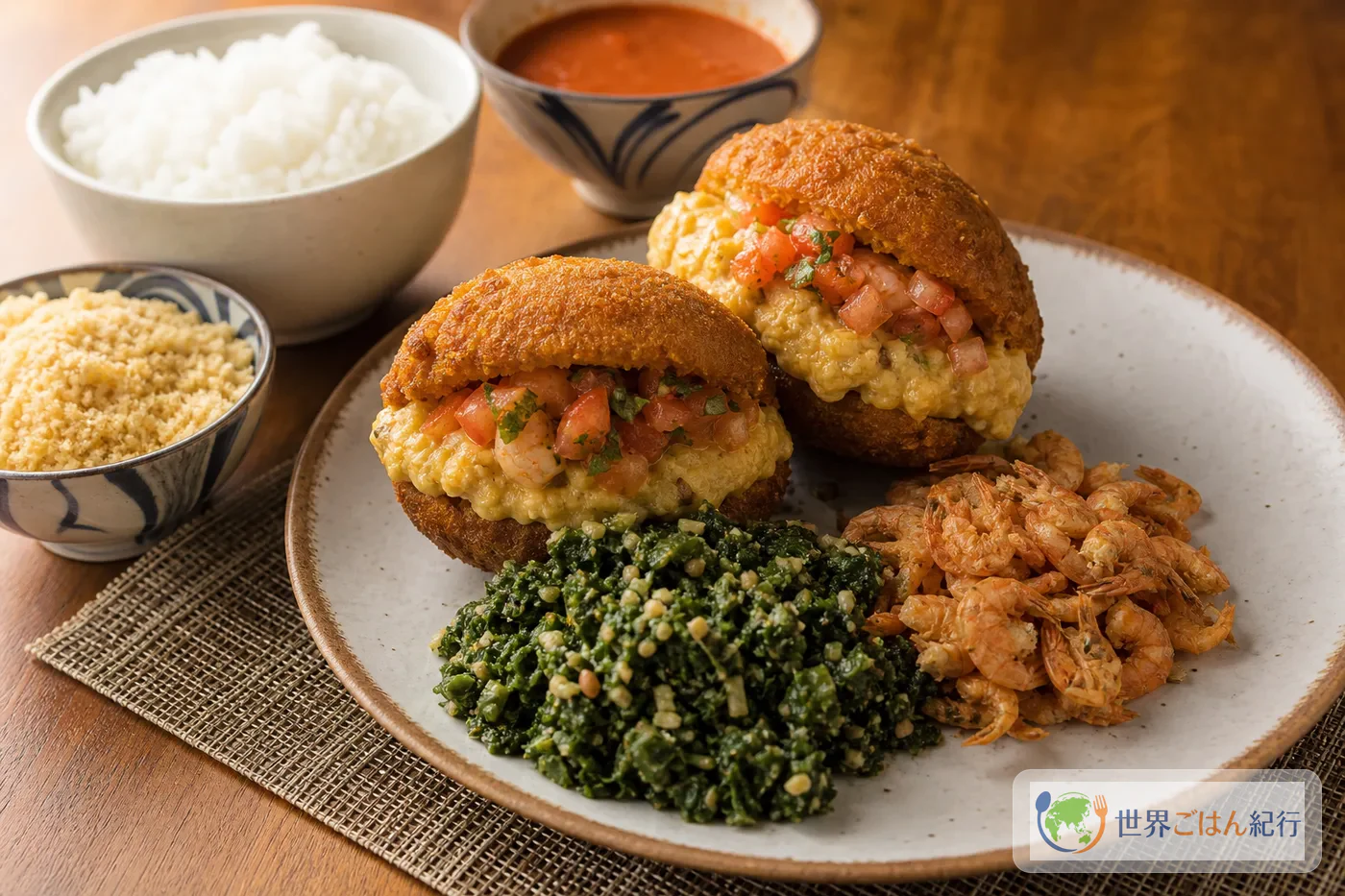 アカラジェ、ファロファ、青菜を並べたブラジル料理の食卓