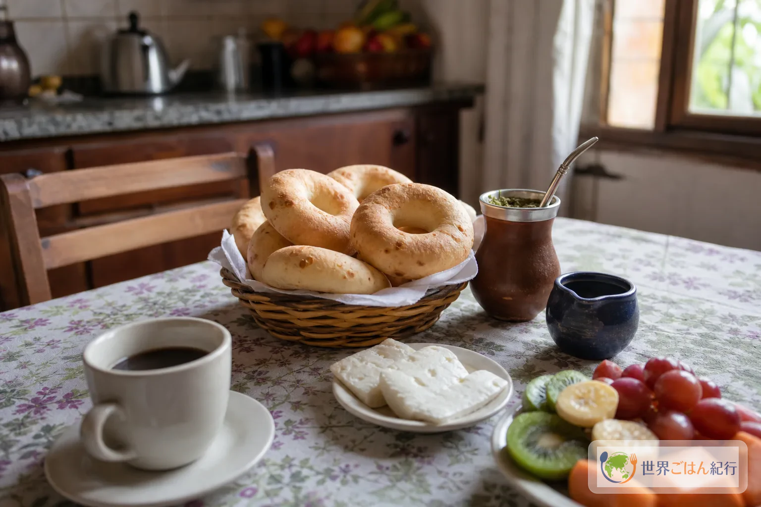 チパ・アルミドンをマテ茶、コーヒー、果物と並べたパラグアイ風の軽食