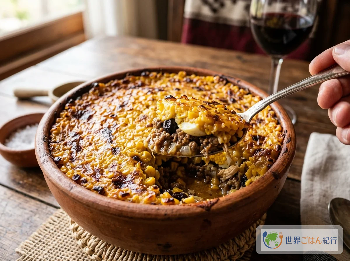 チリの国民食パステル・デ・チョクロ。陶器の器で焼いたとうもろこしの蓋を崩すと肉あんが現れる