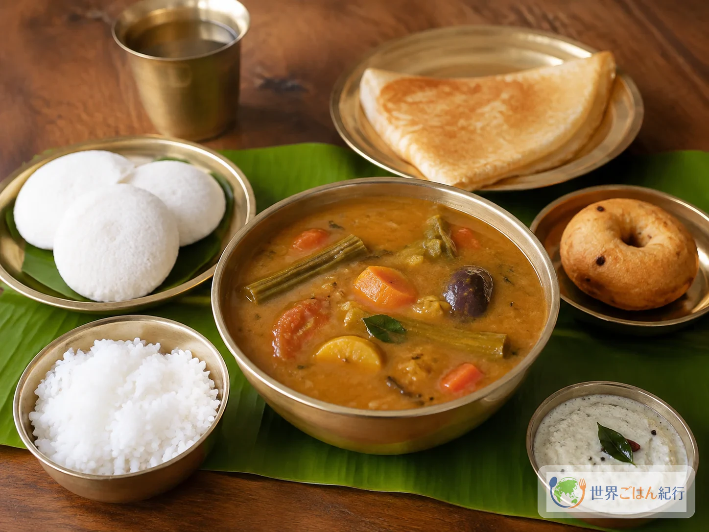 白米、イドリ、ドーサ、ワダにサンバルを合わせ、チャトニを小皿で添えた南インド風の食卓