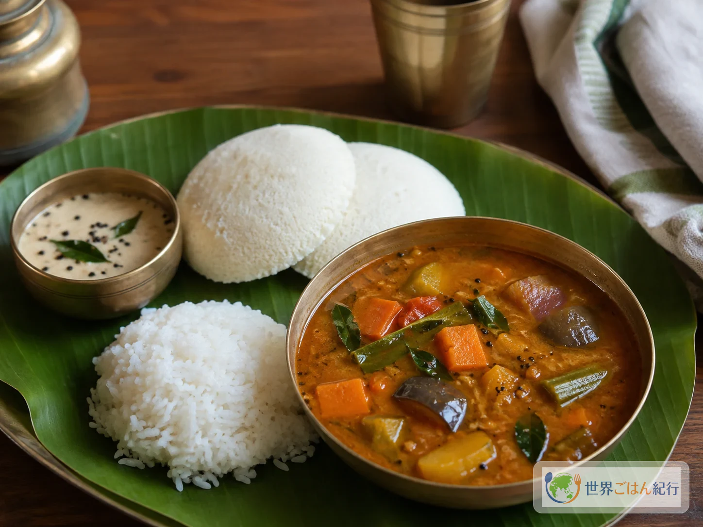 サンバル、白いご飯、イドリ、ココナッツチャトニを囲む南インド風の朝食の食卓