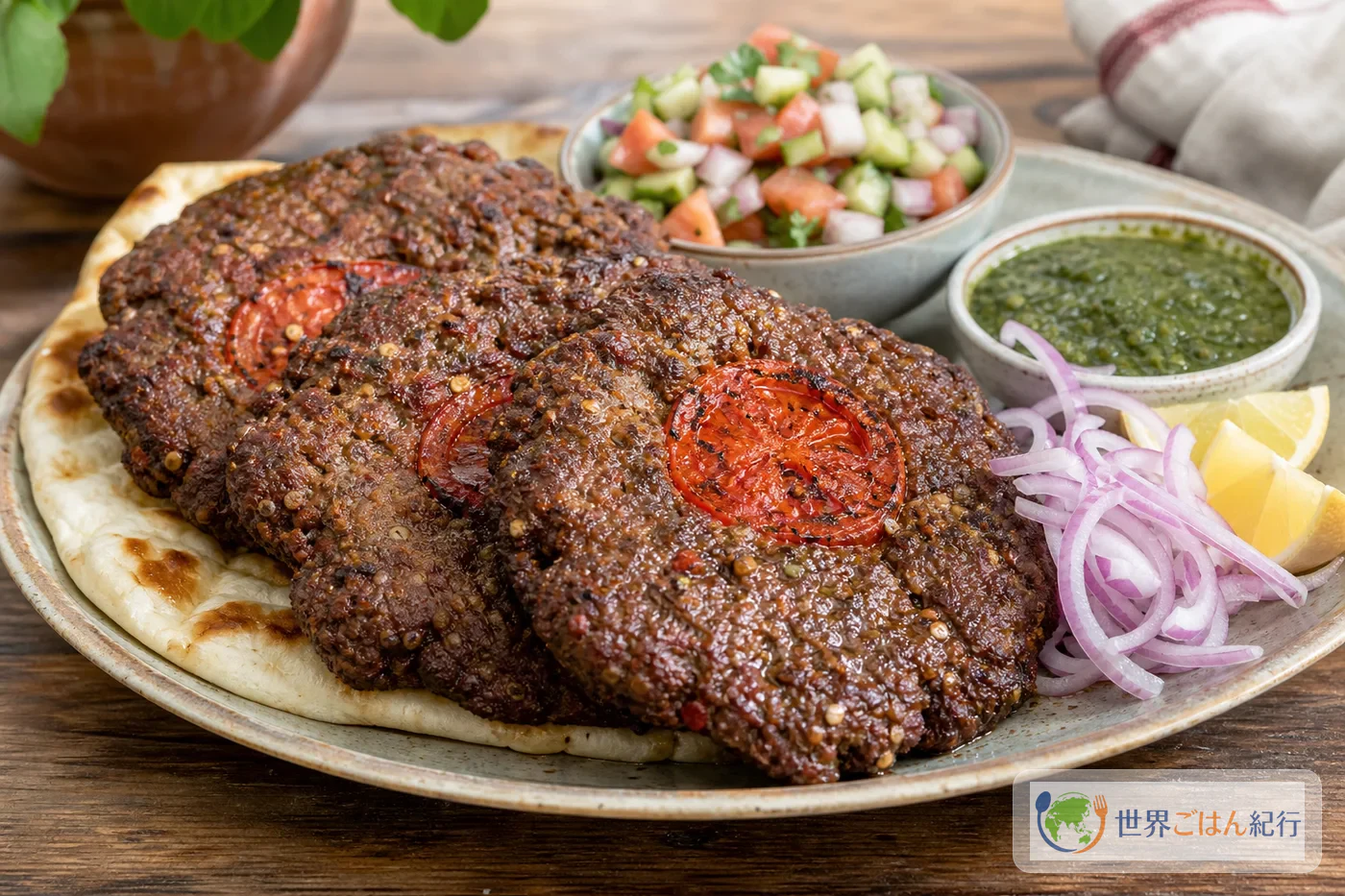 ナンにのせたパキスタンのチャプリケバブ。平たい肉焼きに玉ねぎ、レモン、チャツネを添えた食卓