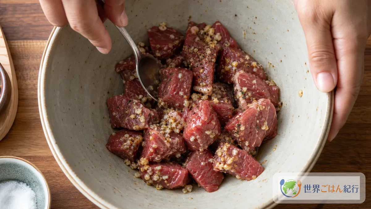 手順1: 牛肉を切って下味を入れる
