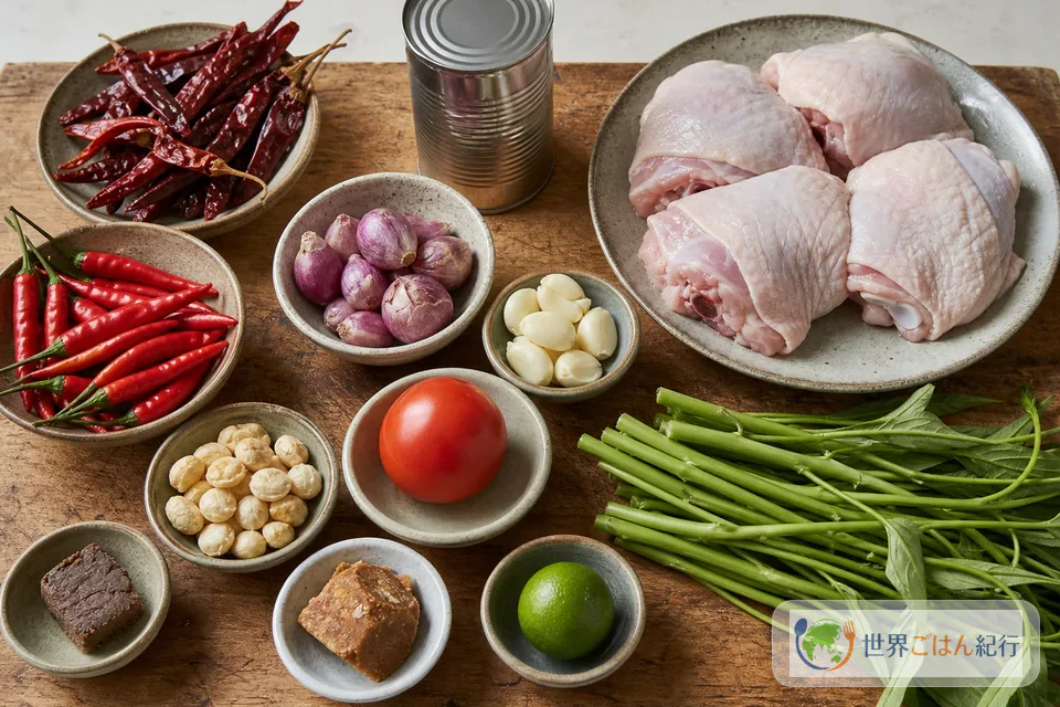 アヤム・タリワンの材料を、骨付き鶏もも肉、唐辛子、トマト、ケンチャー、テラシ、キャンドルナッツに分けて並べた台所