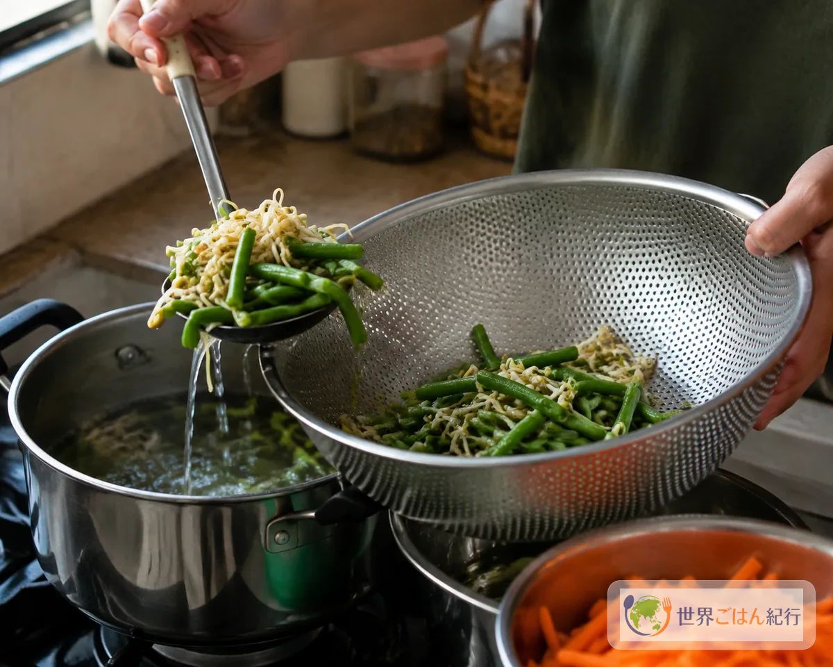 手順4: 野菜をゆでて水気を抜く（10分）