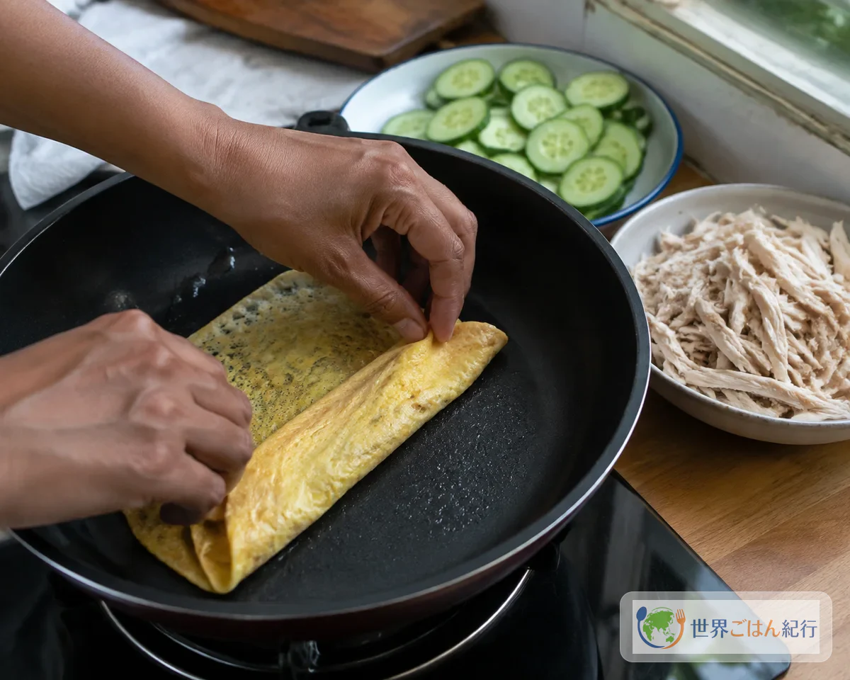 手順6: 卵を焼き、添え物を整える（8分）