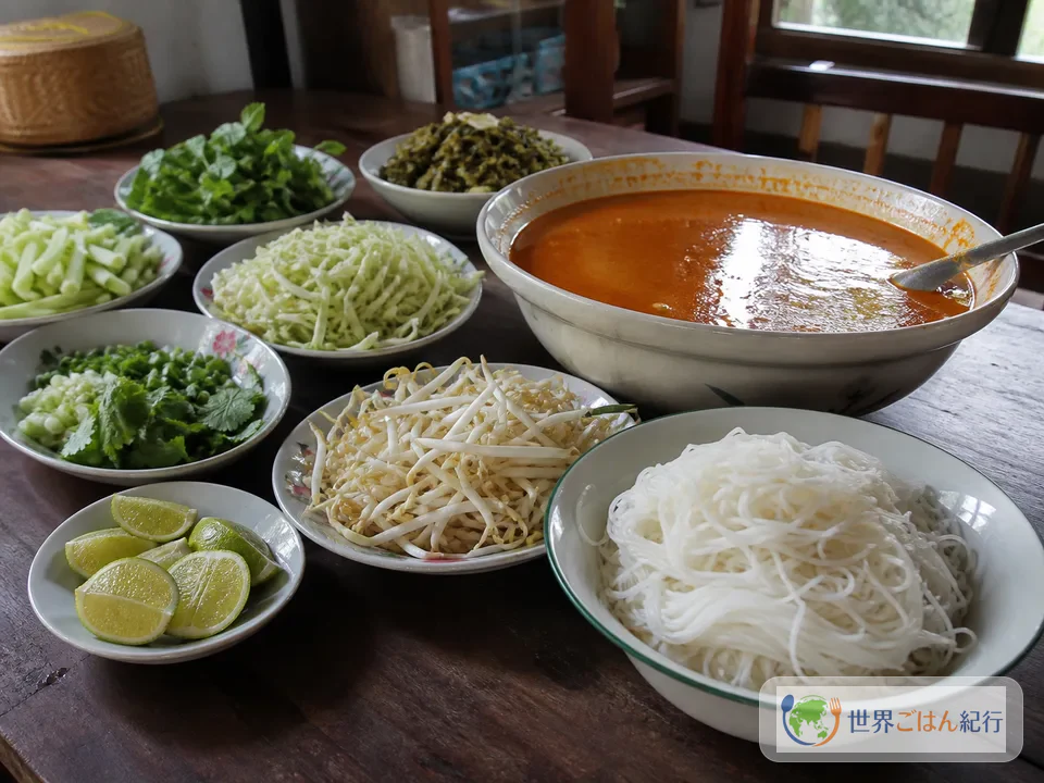 ラオスの食卓をイメージした米麺、香草、生野菜、ライムの取り分け皿