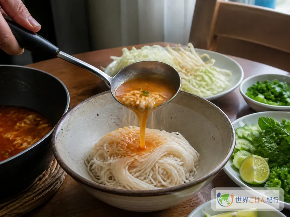 手順6: 麺、汁、野菜を器で合わせる（5分）