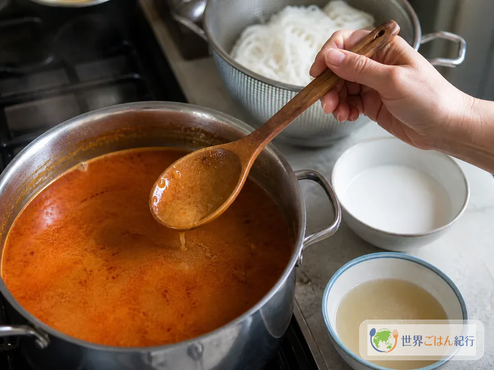 ココナッツミルクの汁、香味ペースト、ゆで米麺の状態を見比べるカオプーンの調理途中