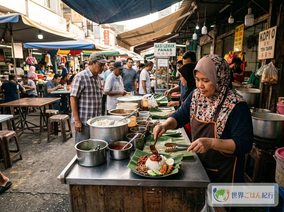 マレーシアのホーカー(屋台)の朝食風景。ナシレマが並んでいる