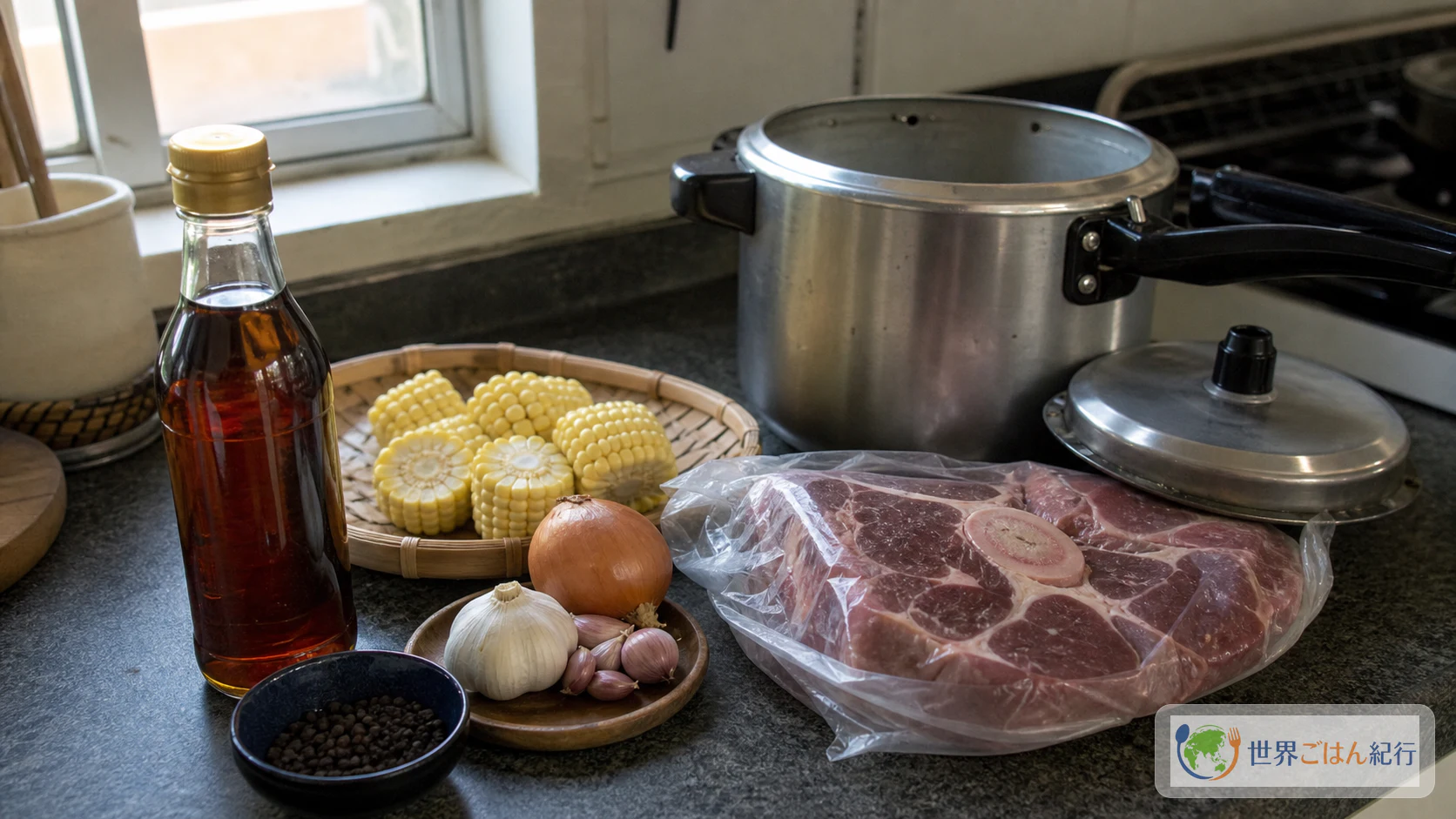 パティス、粒胡椒、圧力鍋、牛すね肉、とうもろこしを台所に並べた買い出し材料