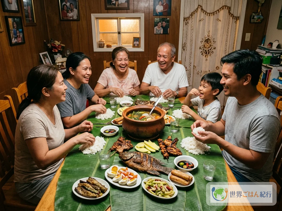 フィリピンの家族の食卓。シニガンを囲む風景