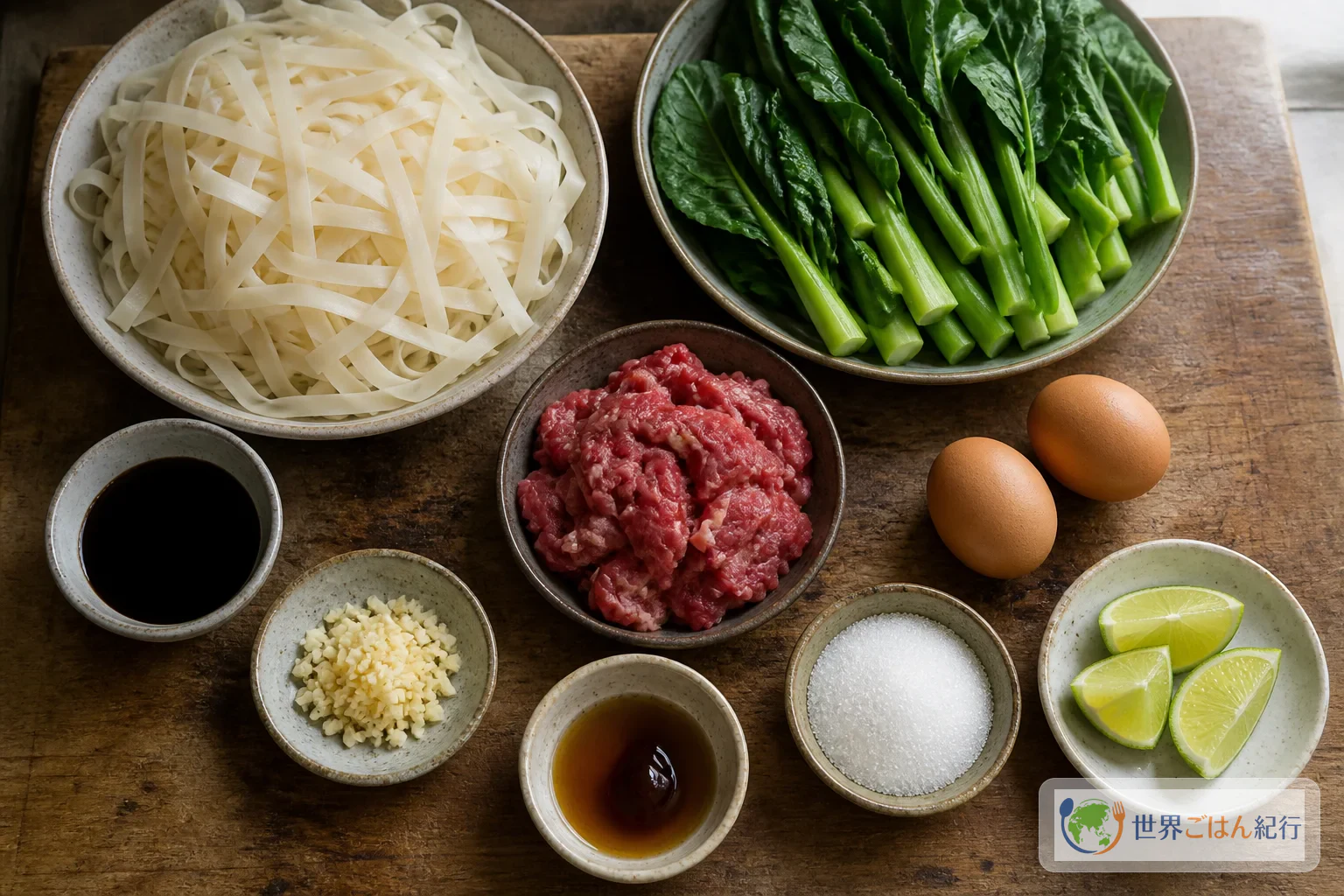 パッシーイウに使う幅広米麺、カイラン、牛肉、卵、黒しょうゆ、ナンプラーを台所に並べたところ