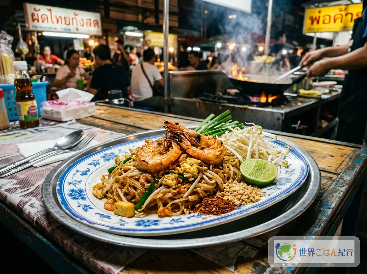 ライムとピーナッツを添えたパッタイ。米麺はつやがあり、もやしは歯ごたえを残している
