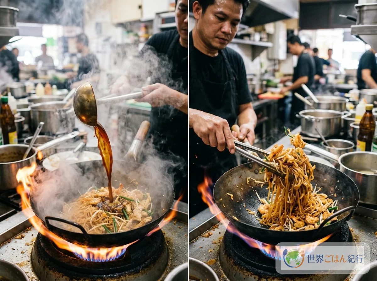 ソースを吸わせながら炒めるパッタイ。麺の表面に光沢が出て、底に汁が残っていない状態