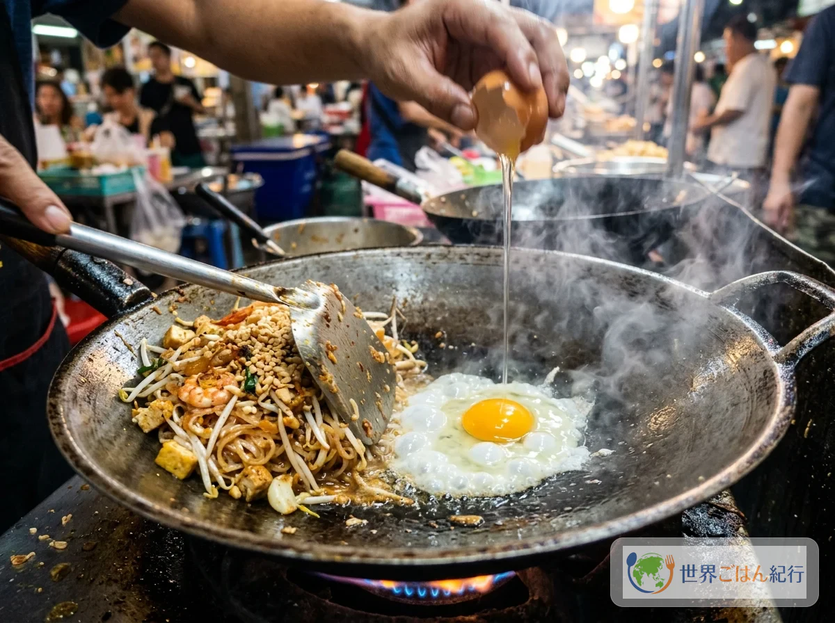 手順6: 麺に水とソースを吸わせ、卵を合わせる