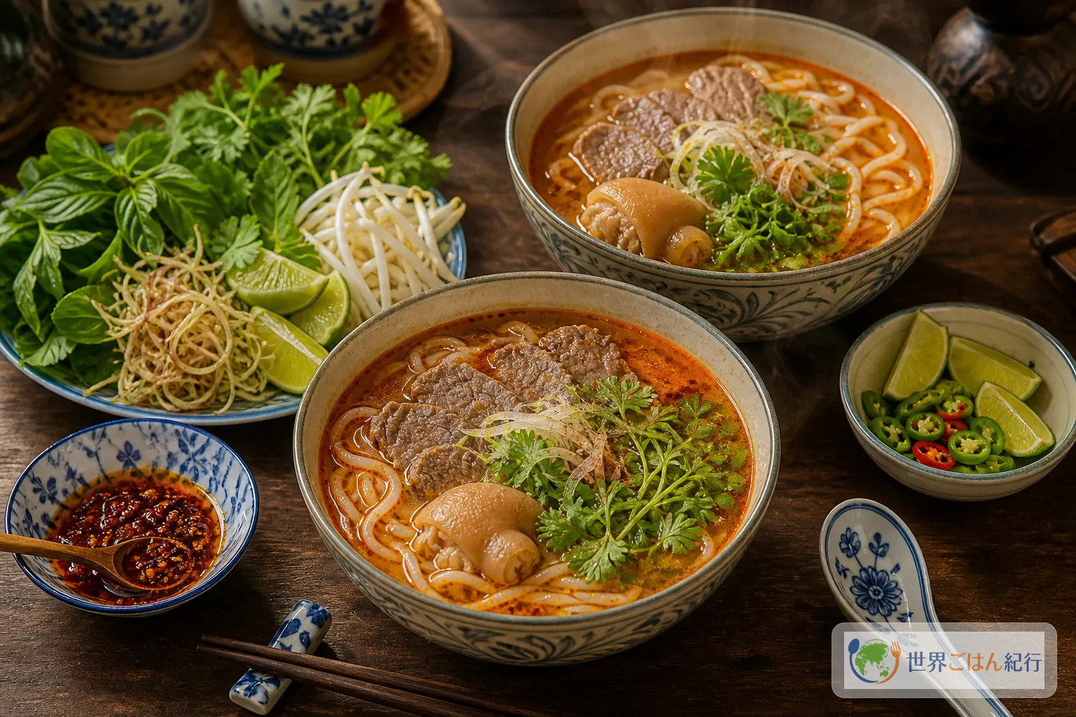 ブンボーフエの丼、香草皿、サテ油を並べたベトナム風の食卓