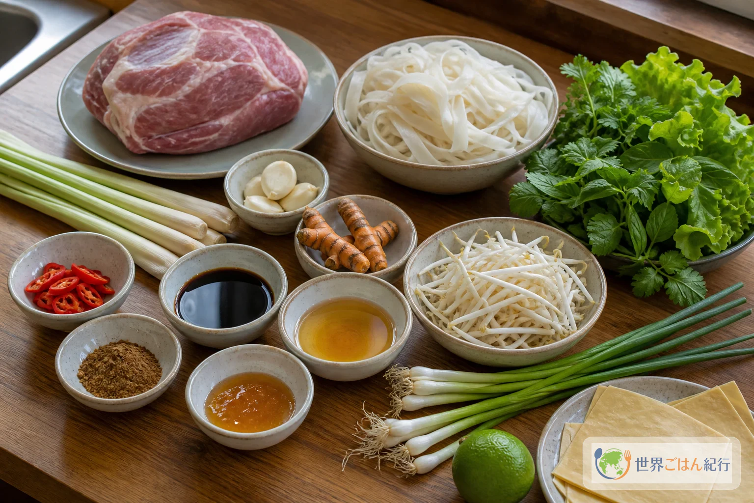 カオ・ラウの材料。豚肩ロース、太い米麺、レモングラス、魚醤、五香粉、香草、もやし、ライムを台所の作業台に並べた様子