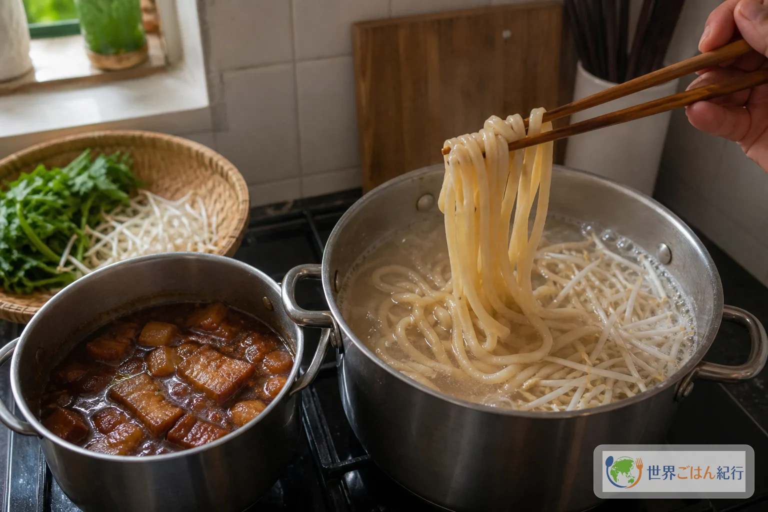 手順5: 麺ともやしをゆで、煮汁を整える