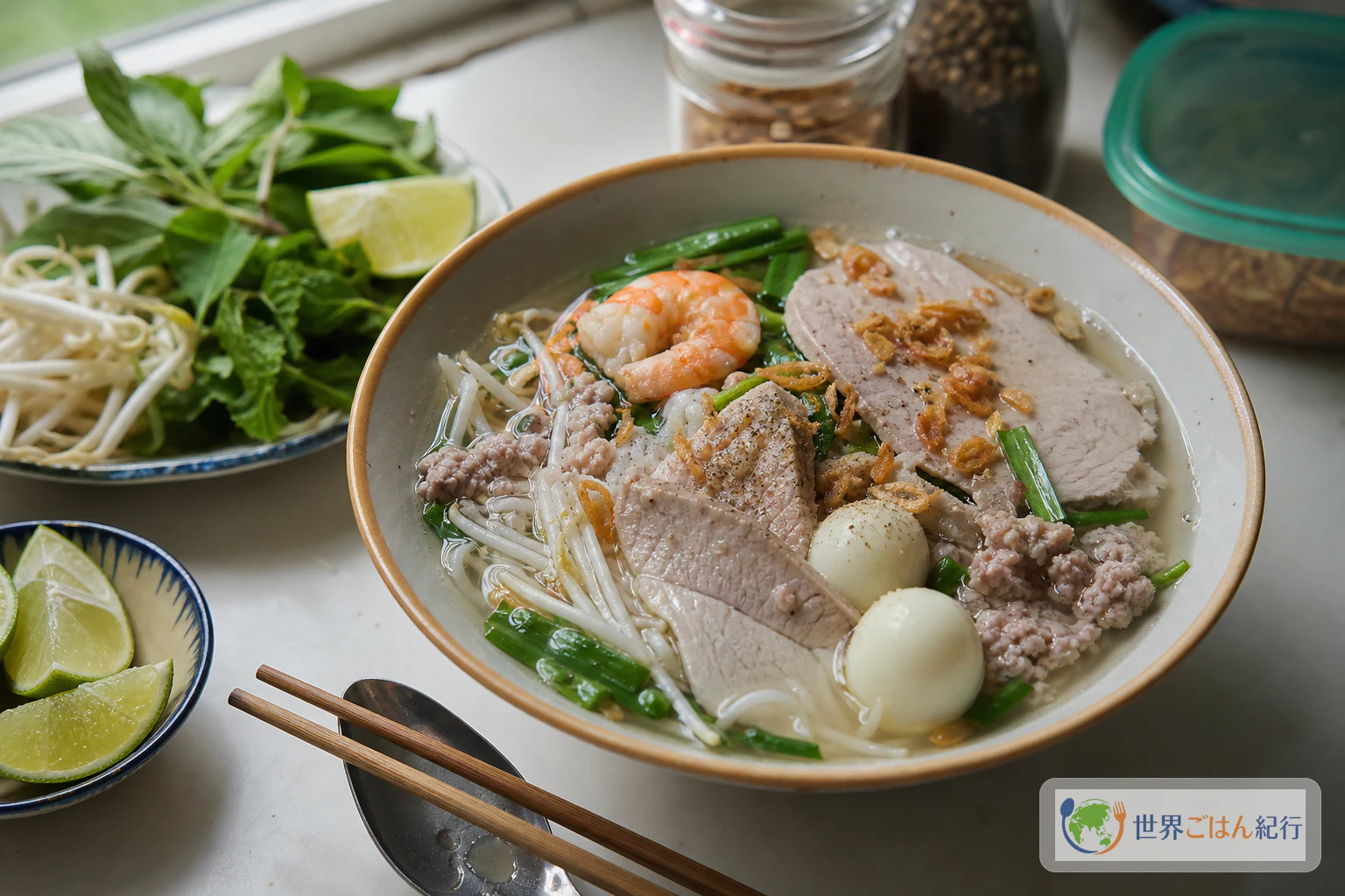 ベトナム南部のフーティウ。澄んだスープに米麺、豚肉、えび、うずら卵、香草をのせた麺料理